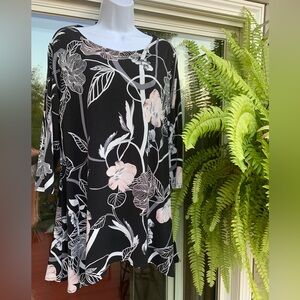 Alfani Long Multi Length Black Floral Tunic Blouse